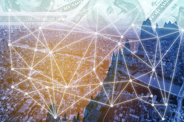 Double exposure digital networking technology on Money and financial city background. Concept of future business trend.  element of this images furnished by NASA.