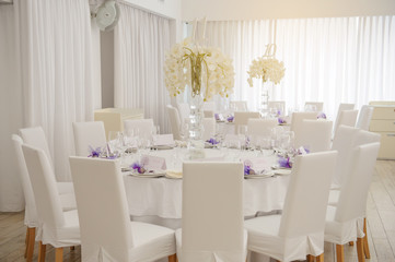 Wide angle view of wedding reception restaurant