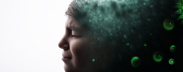 Double exposure of young boy with sad eyes and abstract virus strain model of MERS-Cov. Coronavirus 2019-nCov. Sick unhappy child. Healthcare, virus concept. Free space for text.