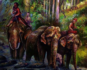 Art painting Oil color Elephant family Thailand  , elephant hauling logs