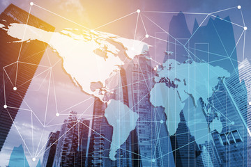 Double exposure global concept of business and technology network on city background. element of this image furnished by NASA.