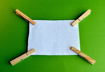 The layout of the white form for writing is held by four clothespins. On a green background.