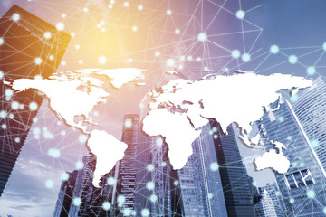 Double exposure global concept of business and technology network on city background. element of this image furnished by NASA.