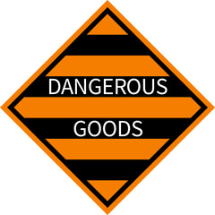 Dangerous goods sign. Black, orange stripes background. Labels and placards.