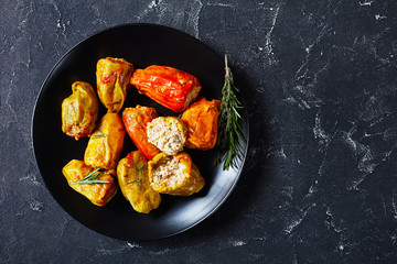 Healthy stuffed peppers flat lay, copy space