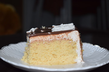 Tasty slice of  three milk cake with white plate and dark background