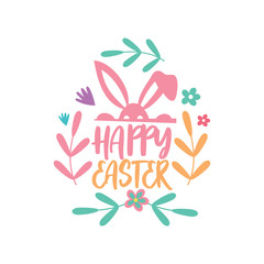 Fototapeta na wymiar Happy Easter Script Lettering Logo Icon Vector Background Template. Bunny Rabbit Graphic Design.