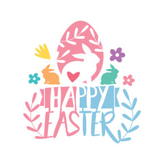 Happy Easter Script Lettering Logo Icon Vector Background Template.  Bunny Rabbit Graphic Design.