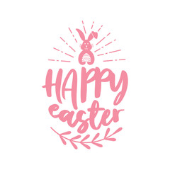 Happy Easter Script Lettering Logo Icon Vector Background Template.  Bunny Rabbit Graphic Design.