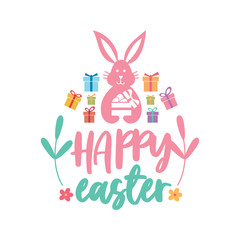 Happy Easter Script Lettering Logo Icon Vector Background Template.  Bunny Rabbit Graphic Design.
