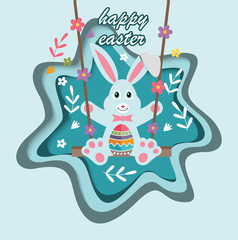 Happy Easter Script Lettering Logo Icon Vector Background Template.  Bunny Rabbit Graphic Design.