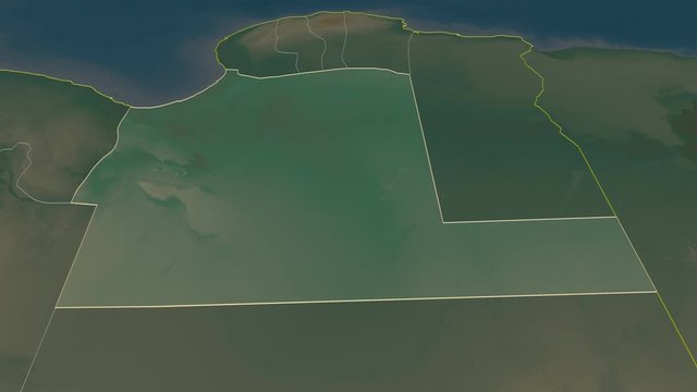 Al Wahat, district with its capital, zoomed and extruded on the relief map of Libya in the conformal Stereographic projection. Animation 3D