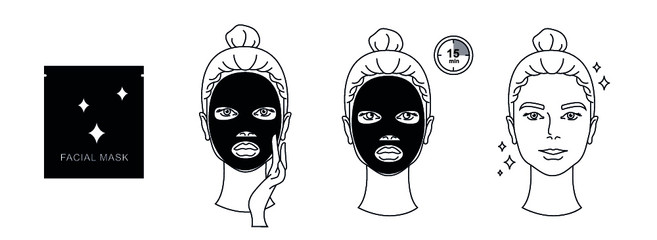 Steps how to apply facial sheet mask. Black icon set isolated on white background. Line art. Beauty industry. Skin care. Infographic.