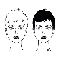 Two woman with short hair cut in different colors. Line art. Heads for avatars. Beauty salon decoration. Hand drawn illustrations. Female heads with beautiful hair.