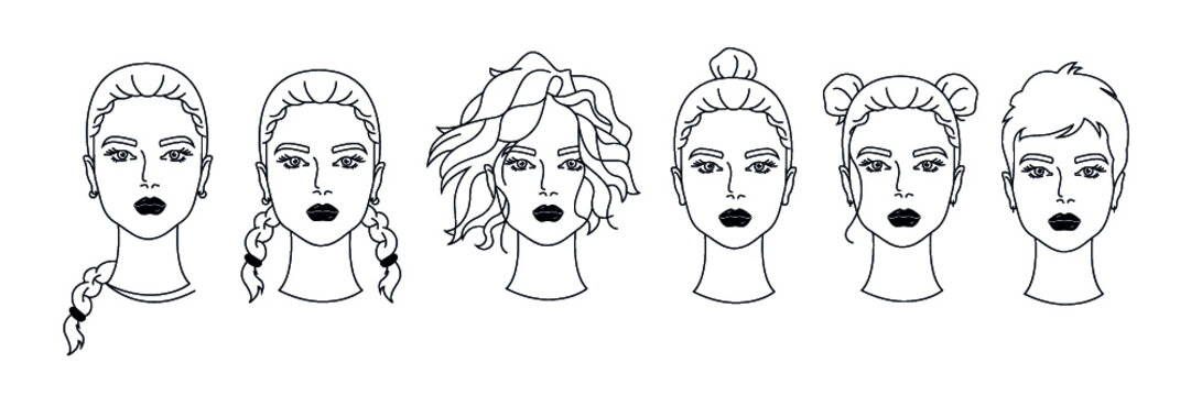 Set of different woman hairstyles. Line art. Heads for avatars. Beauty salon decoration. Hand drawn illustrations. Female heads with beautiful hair.