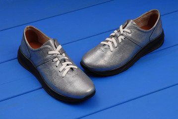 leather blue footwear, shine sneakers