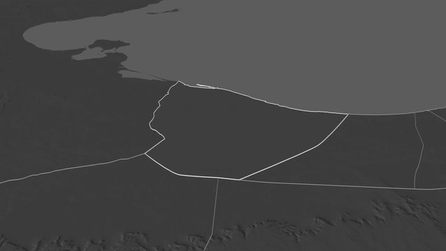 An Nuqat al Khams, district with its capital, zoomed and extruded on the bilevel map of Libya in the conformal Stereographic projection. Animation 3D