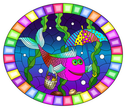 Illustration in stained glass style with cartoon funny fish under an umbrella on the background of the seabed and algae, oval image in bright frame