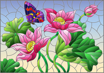 Naklejki  Ilustracja w stylu witrażu z kwiatami, pąkami i liśćmi różowego lotosu i motyla na tle błękitnego nieba