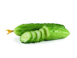 Fresh juicy cucumbers, whole vegetable with dry flower and sliced ​​isolated on white background 