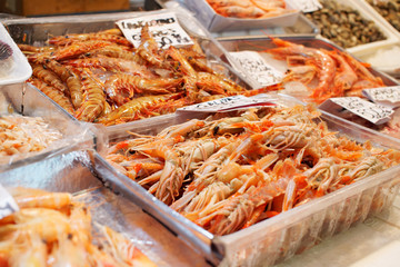 Pile of shrimps on fish market