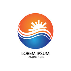 Fototapeta premium Water wave and sun icon vector illustration design logo