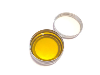 Jar with wax isolated on a white background. Body cream. Wax for hair removal. Depilation. Aromatic oil. Hygiene product. Body Oil. Hot cream. 