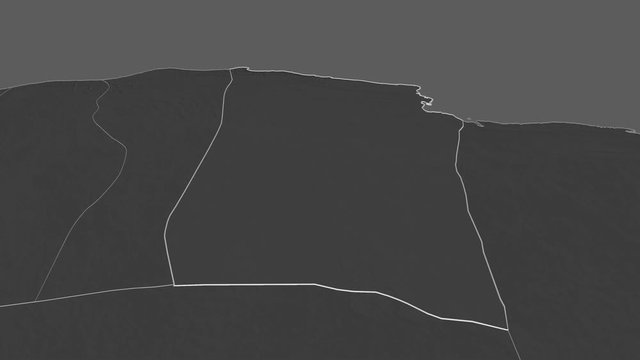 Darnah, district with its capital, zoomed and extruded on the bilevel map of Libya in the conformal Stereographic projection. Animation 3D