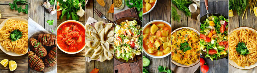food collage. Appetizing varied food in the dishes. Vegetables and meat. Cooked food options.