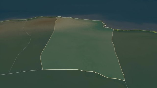 Darnah, district with its capital, zoomed and extruded on the relief map of Libya in the conformal Stereographic projection. Animation 3D