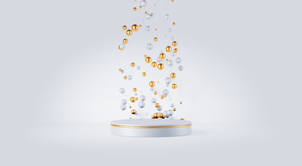 Clean white gold product pedestal on white background, gold frame, memorial board, abstract minimal concept, blank space, clean design, luxury mockup. 3d render 