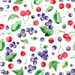 Watercolor cherry fruit, black currants seamless pattern, berry background