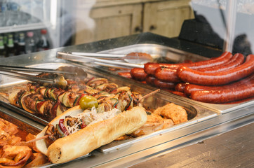 Some hot delicious fresh grilled street food in a vendor in the Citadella in Budapest Hungary