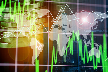 Naklejka premium Double exposure digital networking technology on Money and financial city background. Concept of future business trend. element of this images furnished by NASA.
