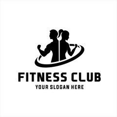 Fitness Center logo. Sport and fitness logo Design . Gym Logo Icon Design Vector Stock, or emblem with woman and man silhouettes. Woman and Man holds dumbbells. Isolated on white background