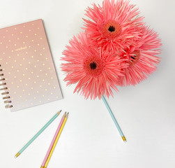 Work from home - Beautiful girly notebook with pencils and gerbera flowers - Flat lay