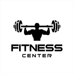 Fitness Center logo. Sport and fitness logo Design . Gym Logo Icon Design Vector Stock, or emblem with woman and man silhouettes. Woman and Man holds dumbbells. Isolated on white background