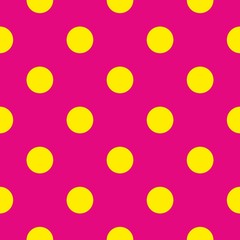 Seamless vector pattern or texture with yellow polka dots on neon pink background. For cards, invitations, websites, desktop, baby shower card background, party, web design, arts and scrapbooks.