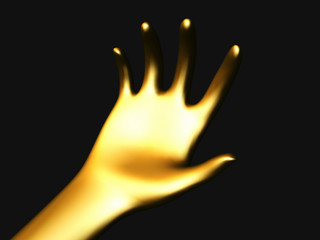 Golden open palm offering something . Concept of charity, care and financial support. Vector illustration of inviting gesture. Golden hand giving out something on black background.