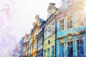 watercolor style and abstract illustration of Prague with old beautiful houses