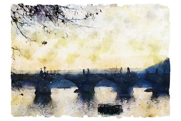 watercolor style and abstract illustration of Prague and vltava river. Charles bridge view at sunset