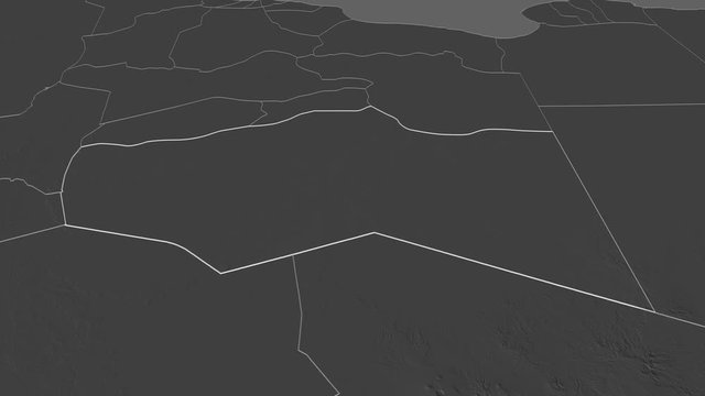 Murzuq, district with its capital, zoomed and extruded on the bilevel map of Libya in the conformal Stereographic projection. Animation 3D