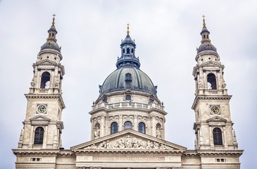 View of the famous cathedral of Saint Stephen's Basilica in downtown of Budapest Hungary