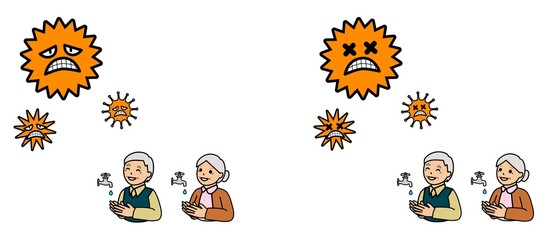 病気の予防のために手を洗う高齢者とウイルス