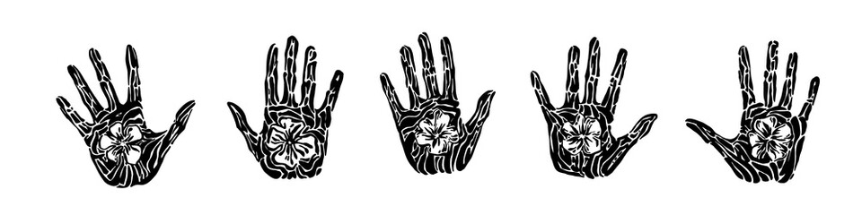 Endangered ancient handprint with flower set. Hand drawn human palm prints graphic vector illustration, black isolated on white background painted by ink