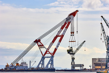 Fototapeta na wymiar Huge crane is lifting smaller crane in the port