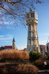 Obraz premium Water tower on main square in Siofok, town near the Balaton lake and one of Hungary's most popular holiday destinations