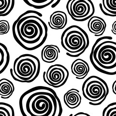 Black contour spirals isolated on white background. Seamless pattern. Vector graphic hand drawing. Texture.