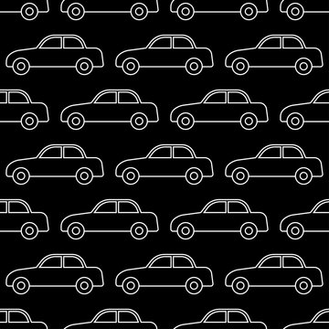 White contour cars isolated on black background. Baby seamless pattern. Side view. Vector graphic illustration. Texture.