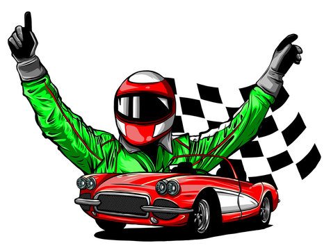 vector illustration of racing car with checker flag on grungy background